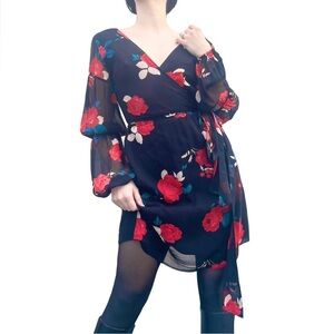 Club Monaco 100% Silk Floral Balloon Long Sleeve Wrap Mini Dress Small